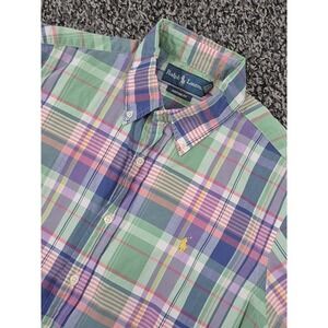Ralph Lauren Custom Fit Button Down Shirt‎ Mens Medium Blue Plaid Short Sleeve